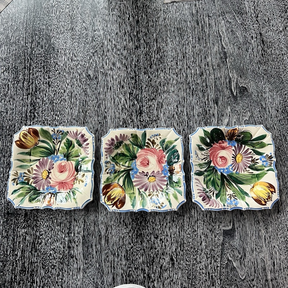 Set‎ Of 3 Italian Hand Painted Floral 7 1/2"Nova Rose Ceramic Plates Scalloped